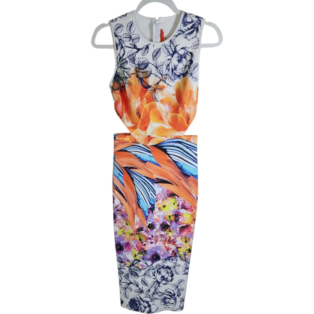 Clover Canyon Floral Bird Print Waist Cutout Midi Dress Blue Orange Size Small - Picture 2 of 15